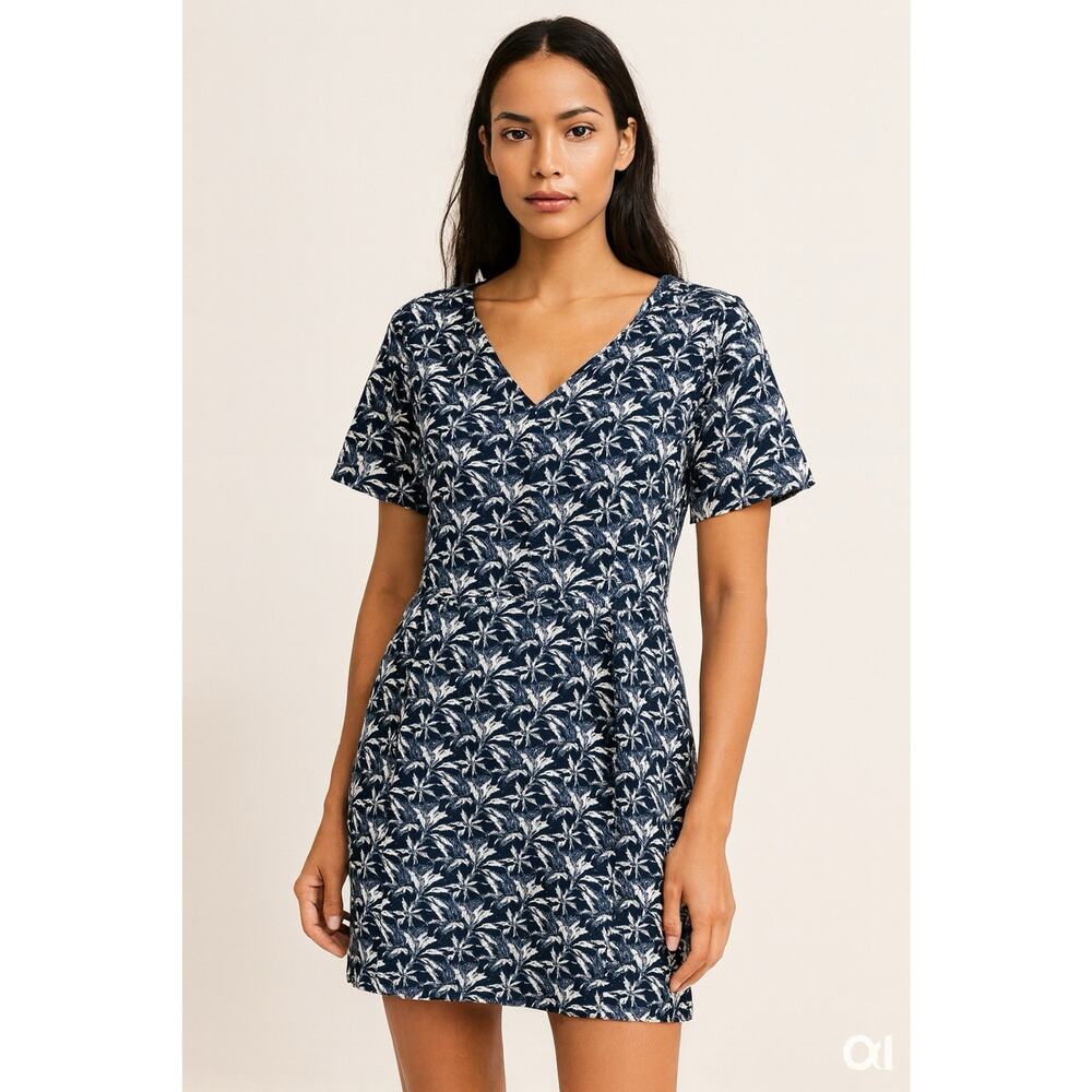 Sara‎ Campbell Sz L Dress Navy tropical Palm Leaf Print Resort